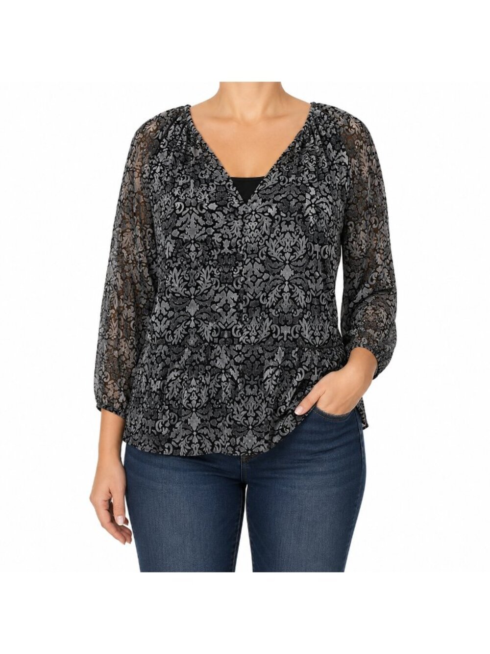 NEW Faded Glory Black Grey Chiffon Velvet Blouse Size Large